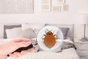 loupe zoomant sur une illustration de punaise de lit
