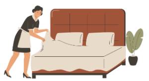 Illustration d'une femme de ménage préparant un lit, représentant la préparation et le nettoyage nécessaires pour contester les punaises de lit.