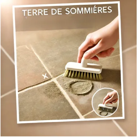 Capture d’écran 2024-10-28 153657 Application de la Terre de Sommières sur un sol en pierre, montrant le nettoyage naturel des surfaces avec une brosse pour lutter contre les punaises de lit.