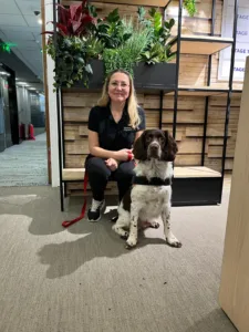 Chien détecteur de punaises de lit en uniforme assis à côté de son dresseur.