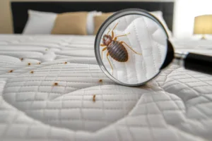 Lit avec loupe montrant des punaises de lit sur le matelas d'un hôtel.