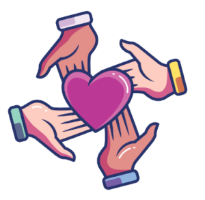 Illustration de mains tenant un cœur symbolisant la coopération et l'entraide.