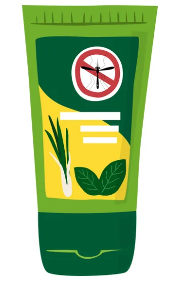 Illustration d'un flacon de répulsif naturel contre les moustiques avec des ingrédients d'origine végétale et des symboles anti-moustiques.