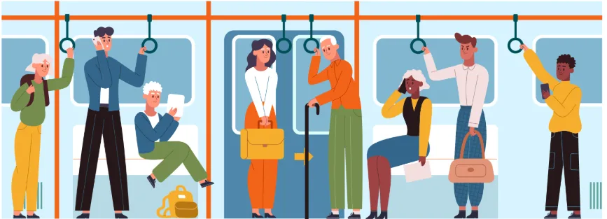 Scène animée représentant des passagers dans un transport en commun.