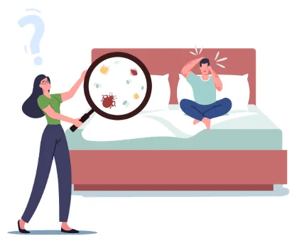 Dessin d'une femme utilisant une loupe pour inspecter un lit, symbole de recherche de punaises de lit