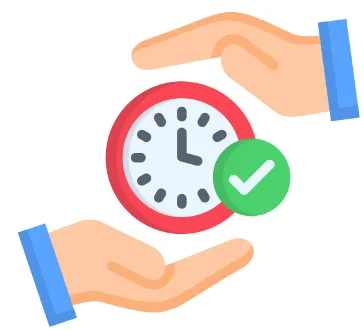 Icône montrant des mains tenant une horloge avec un symbole de validation, représentant une gestion efficace du temps.