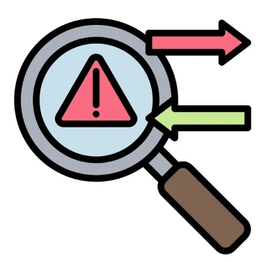 Icône d'une loupe avec un panneau d'avertissement rouge, symbolisant une recherche ou une analyse de problème.