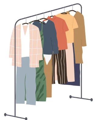 Illustration d'un portant à vêtements avec divers habits suspendus, incluant des chemises, pantalons et vestes de différentes couleurs et styles