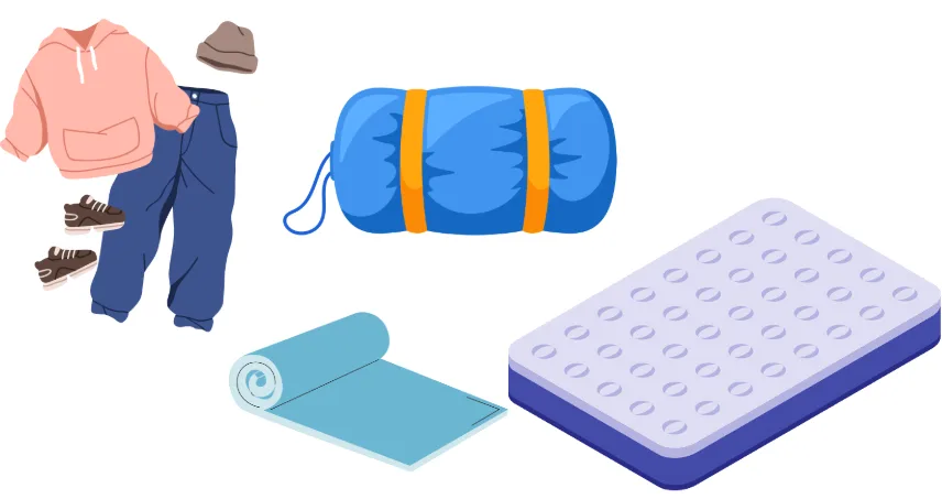Illustration d'équipements de camping comprenant un sac de couchage, un matelas, un tapis de sol et des vêtements avec chaussures.