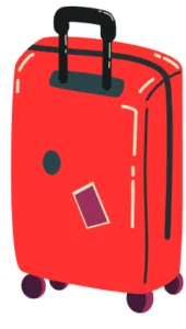 Illustration d’une valise rouge avec des roues et une étiquette voyage.