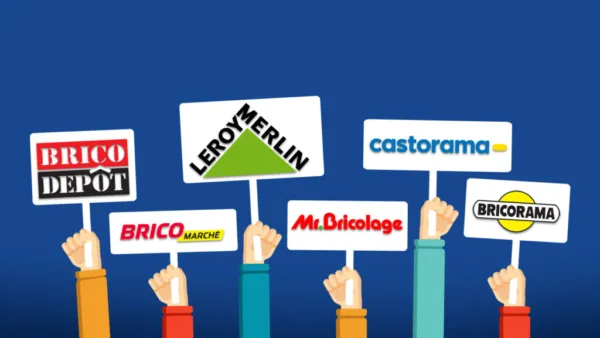 Panneaux d'enseignes de magasins de bricolage comme Leroy Merlin, Castorama, et Brico Dépôt.