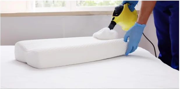 Nettoyage à la vapeur d'un coussin pour éliminer les punaises de lit.