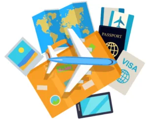 Accessoires de voyage comme un avion miniature, une carte, un passeport et un visa.