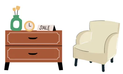 Meuble en bois avec une étiquette soldes et un fauteuil beige.