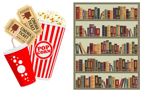 Boissons, tickets de cinéma, pop-corn à côté d'une bibliothèque remplie de livres.