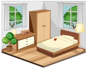 Vue d'une chambre avec un lit, une armoire et une punaise de lit sur le matelas.