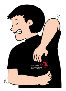 Illustration d'un homme se grattant le dos, visiblement gêné par des piqûres de punaises de lit, avec le logo de Punaises Expert.