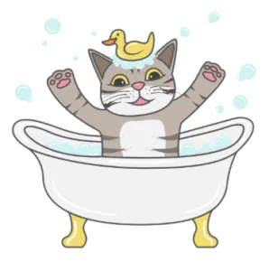 Un chat heureux dans une baignoire avec des bulles de savon.