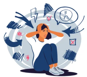 L’impact psychologique des infestations de punaises de lit Femme stressée et dépassée par des flèches symbolisant la confusion et l'anxiété.