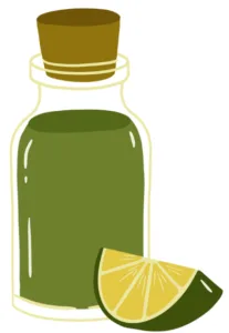 Illustration d'un flacon d'huile essentielle avec une tranche de citron.