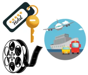 Illustration d'une clé d'hôtel, d'un avion, d'un film et de transports pour représenter les lieux et objets associés aux punaises de lit.