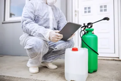 Technicien en combinaison de protection manipulant une tablette à côté d’un pulvérisateur pour traitement anti-punaises de lit