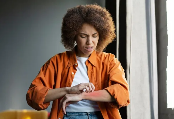 Réaction cutanée due à des piqûres de punaises de lit : démangeaisons et irritation Femme souffrant de démangeaisons au bras, potentiellement causées par des piqûres de punaises de lit