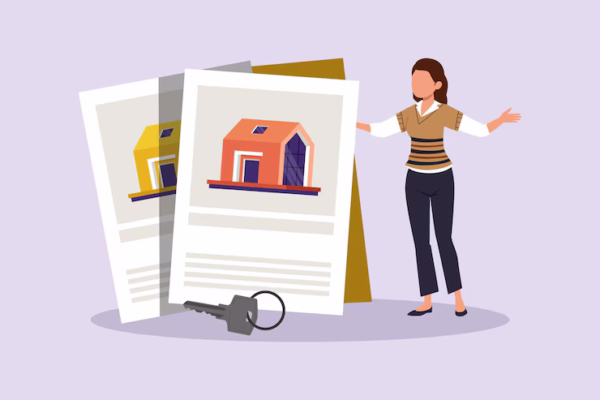 Achat ou vente de bien immobilier avec une maison miniature posée sur un contrat signé