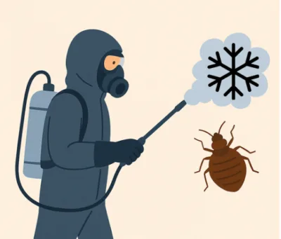 Traitement par le froid contre les punaises de lit – illustration Illustration d’un traitement par cryogénisation contre les punaises de lit, avec un technicien en combinaison pulvérisant un flocon de neige sur un insecte
