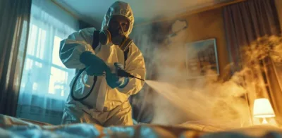 Intervention professionnelle contre les punaises de lit à la vapeur dans une chambre Technicien en combinaison de protection appliquant un traitement à la vapeur dans une chambre infestée de punaises de lit