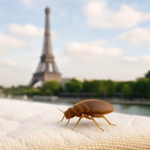 punaise de lit sur un matelas dehors avec la tour eiffel en fond